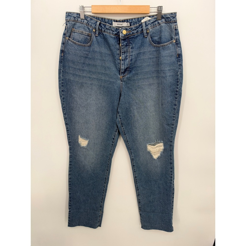 JustFab Women Blue Distressed High Rise Button Fly Skinny Jeans Size 34 Raw Hem